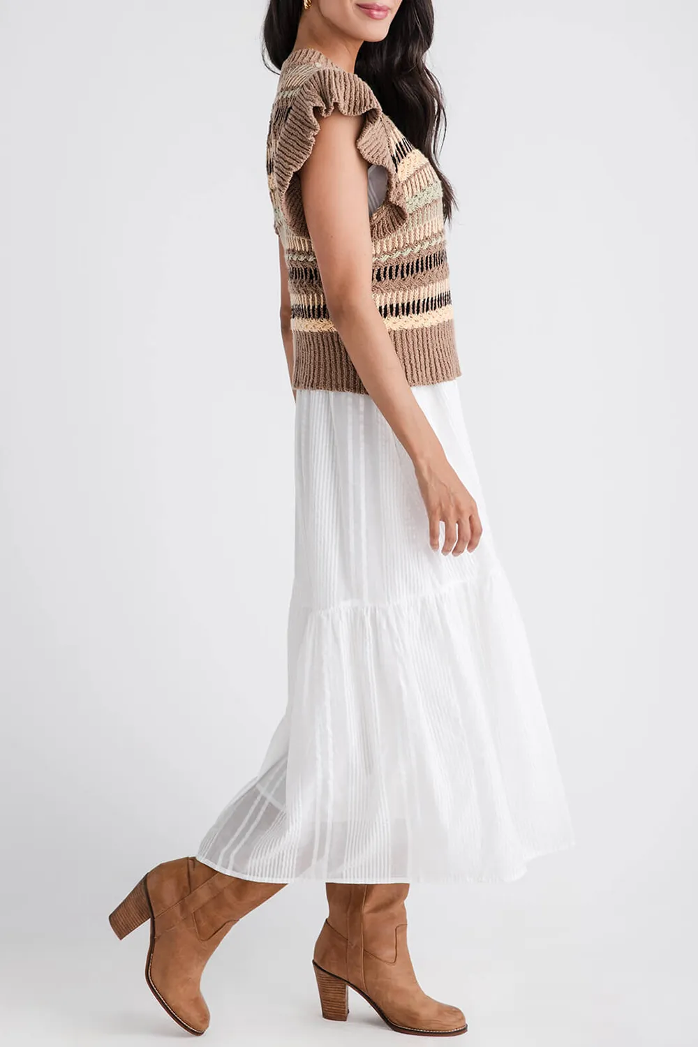 Woven Knit Midi Dress - Brown White Combo