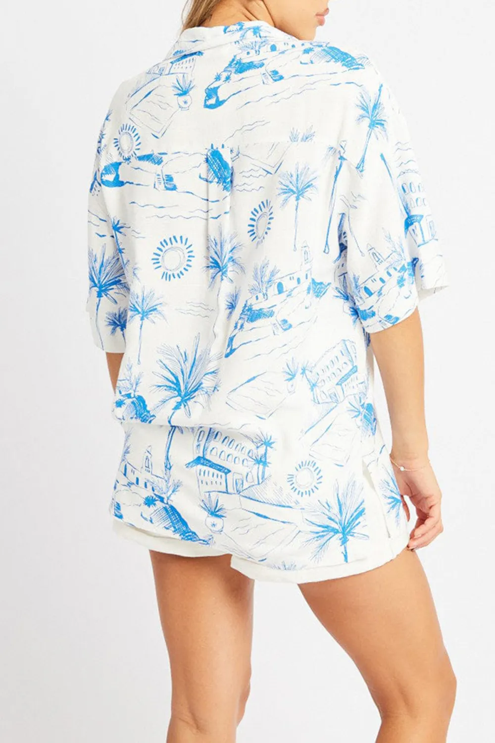 Blue Abstract Relaxed Shirt Short Sleeve Linen Blend