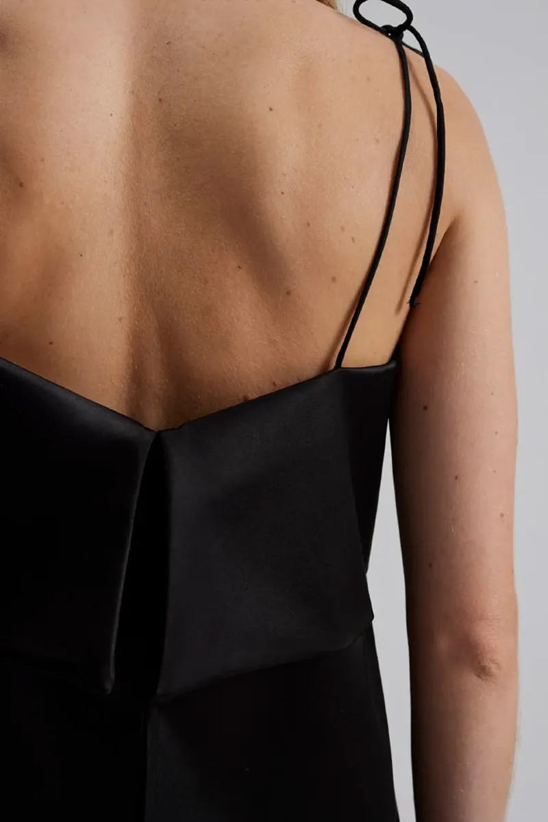 Black Strappy Backless Satin Tops