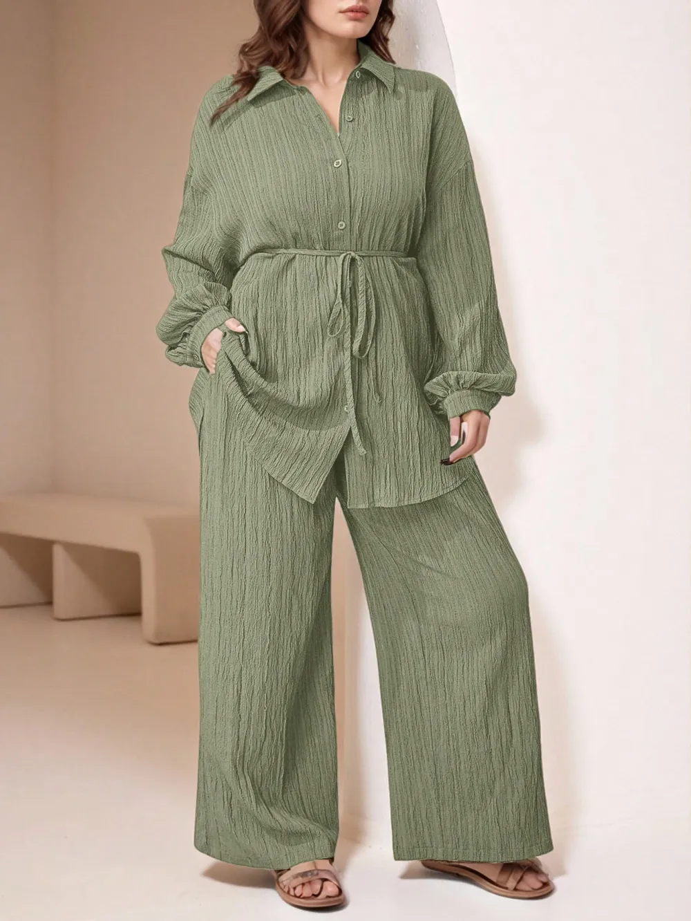 Women's Plus Size Plain Button-Up 2pc Set