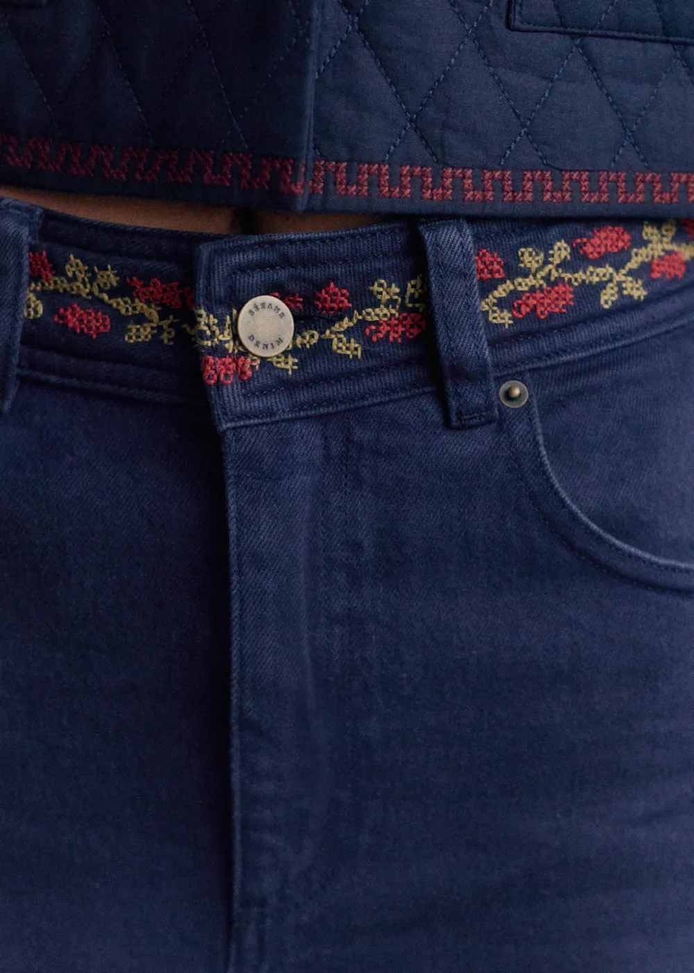 Embroidered Wide-Leg Flared High-Waist Trousers