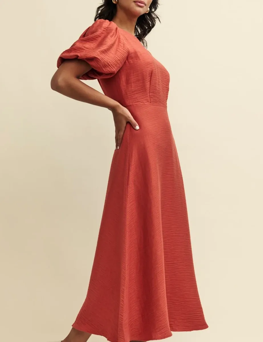 Puff Sleeve Textured Midi Dress