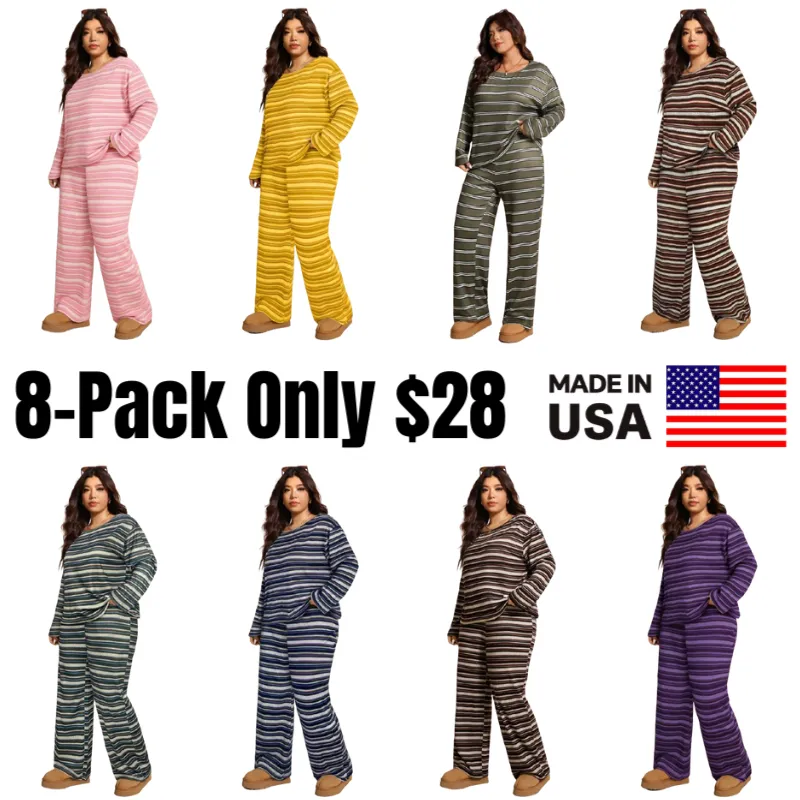 Plus Size Women's Winter Off-Shoulder Striped 2pc Set