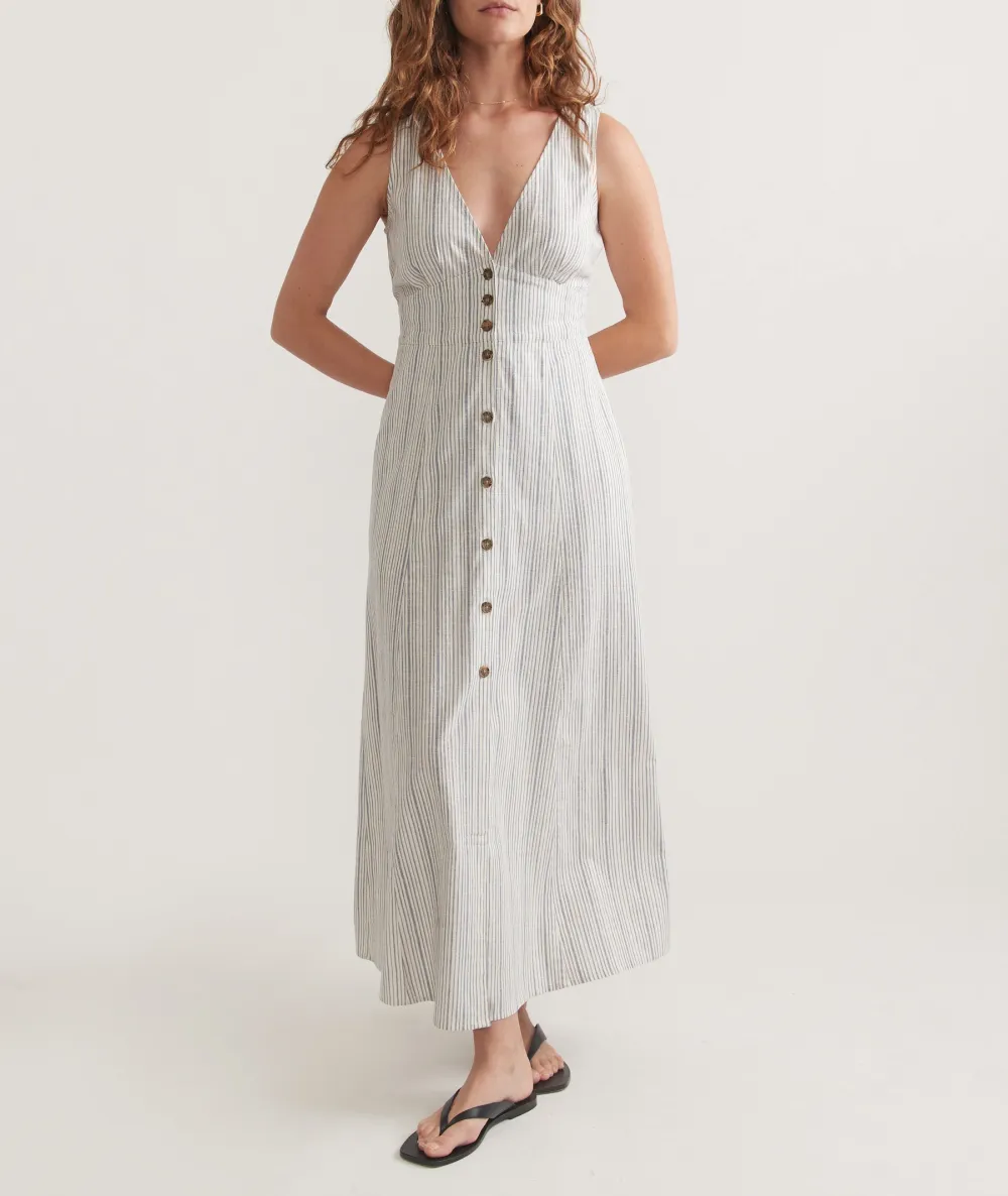 Striped Button-Front V-Neck Maxi Dress