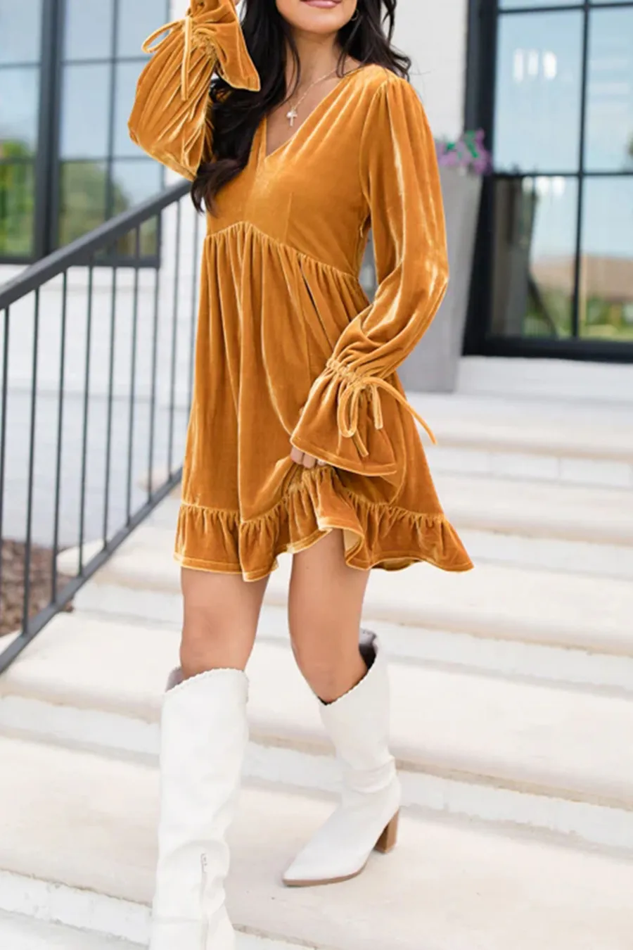 Gold Babydoll Style Velvet Dress