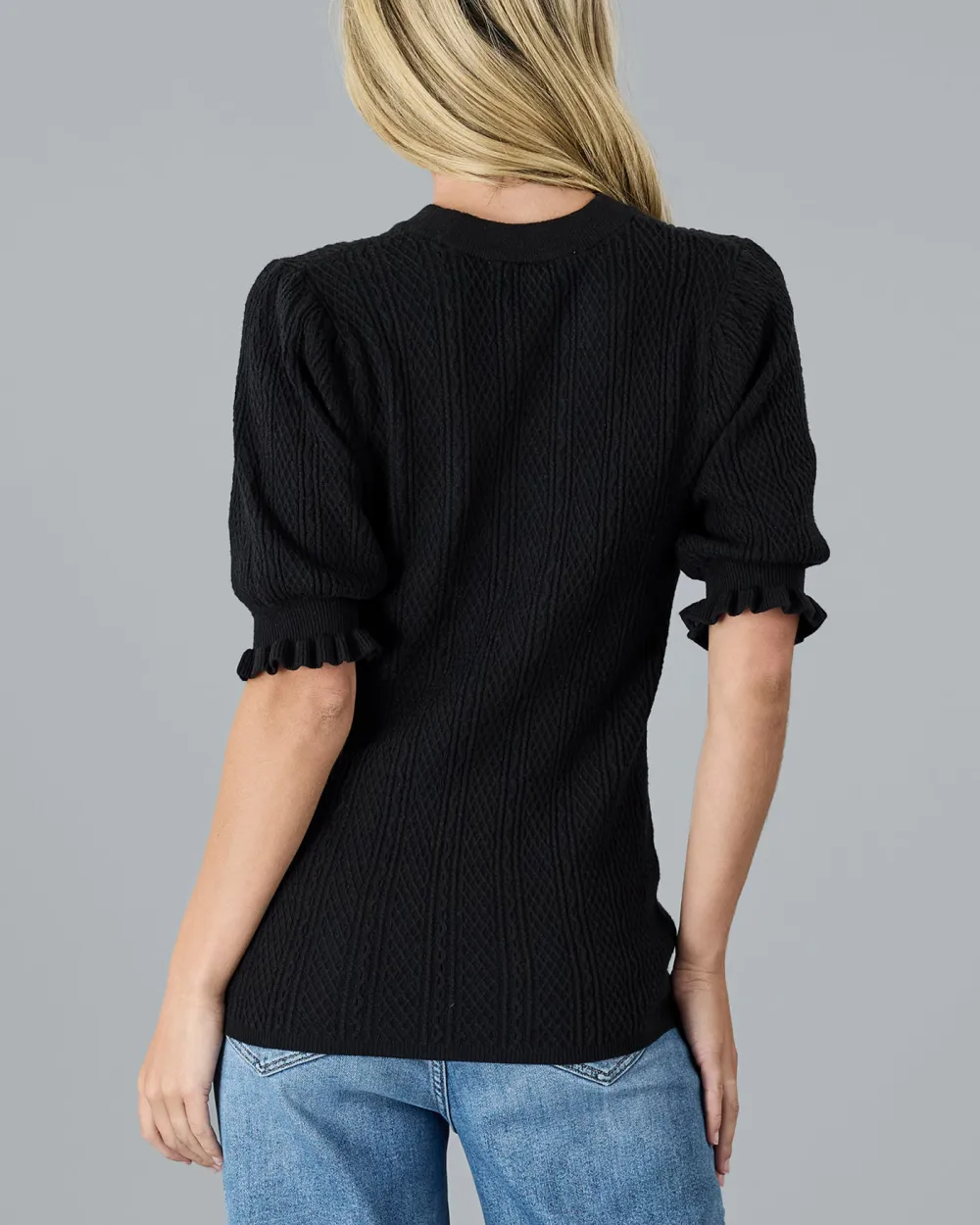 Black Textured Short Sleeve Sweater