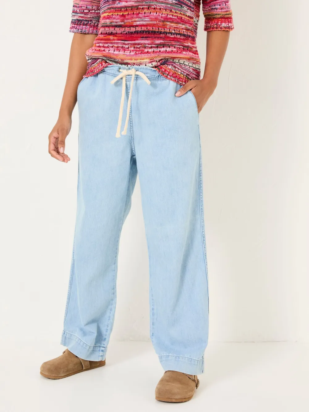 Light Blue Denim Straight Leg Drawstring Jeans