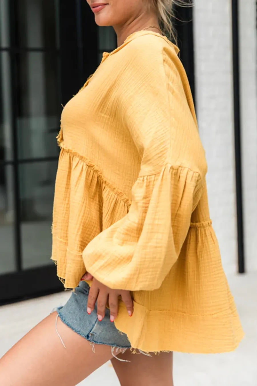 Mustard Oversized Henley Blouse