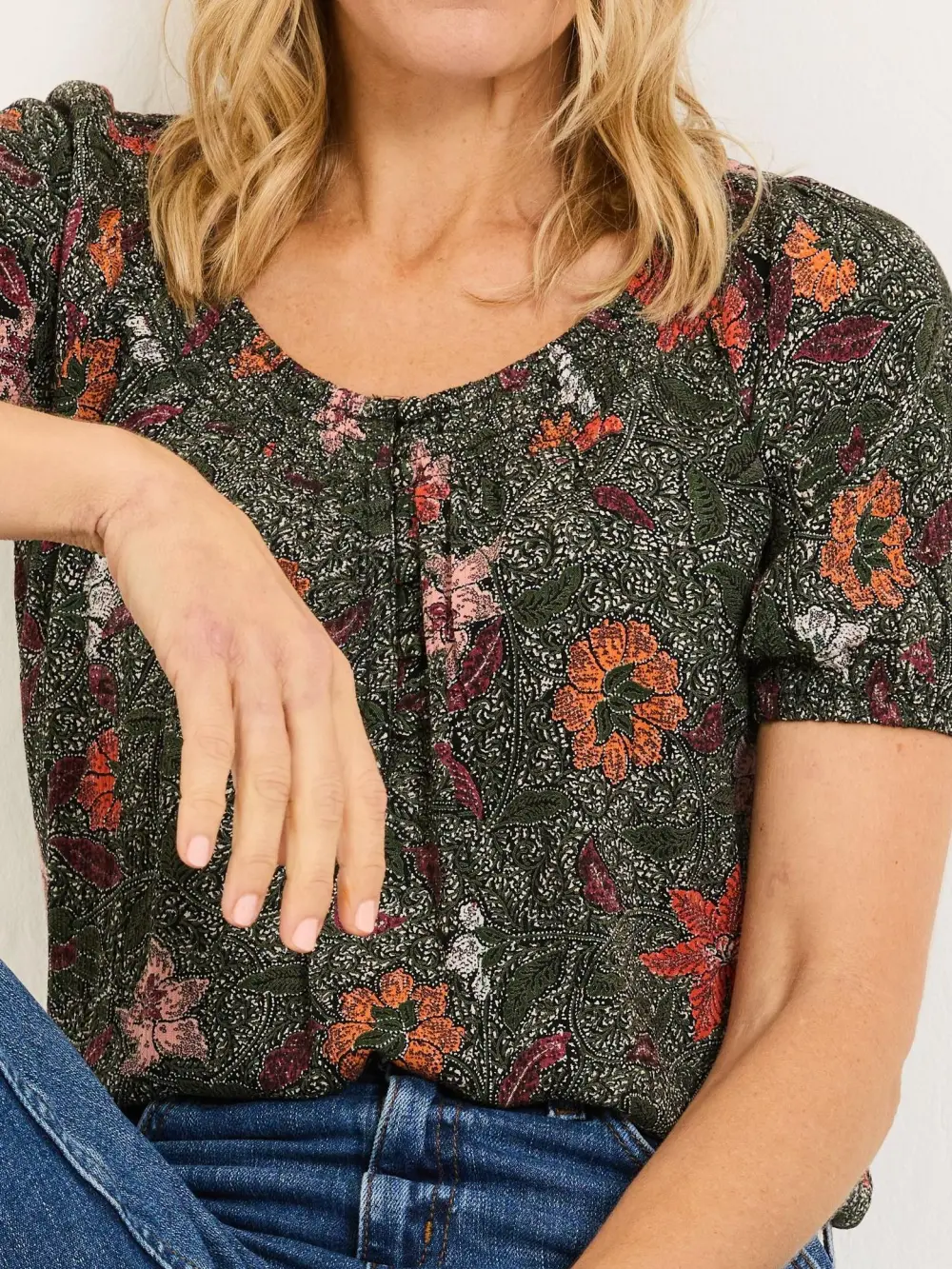 Black Floral V-Neck Bubble Hem Top