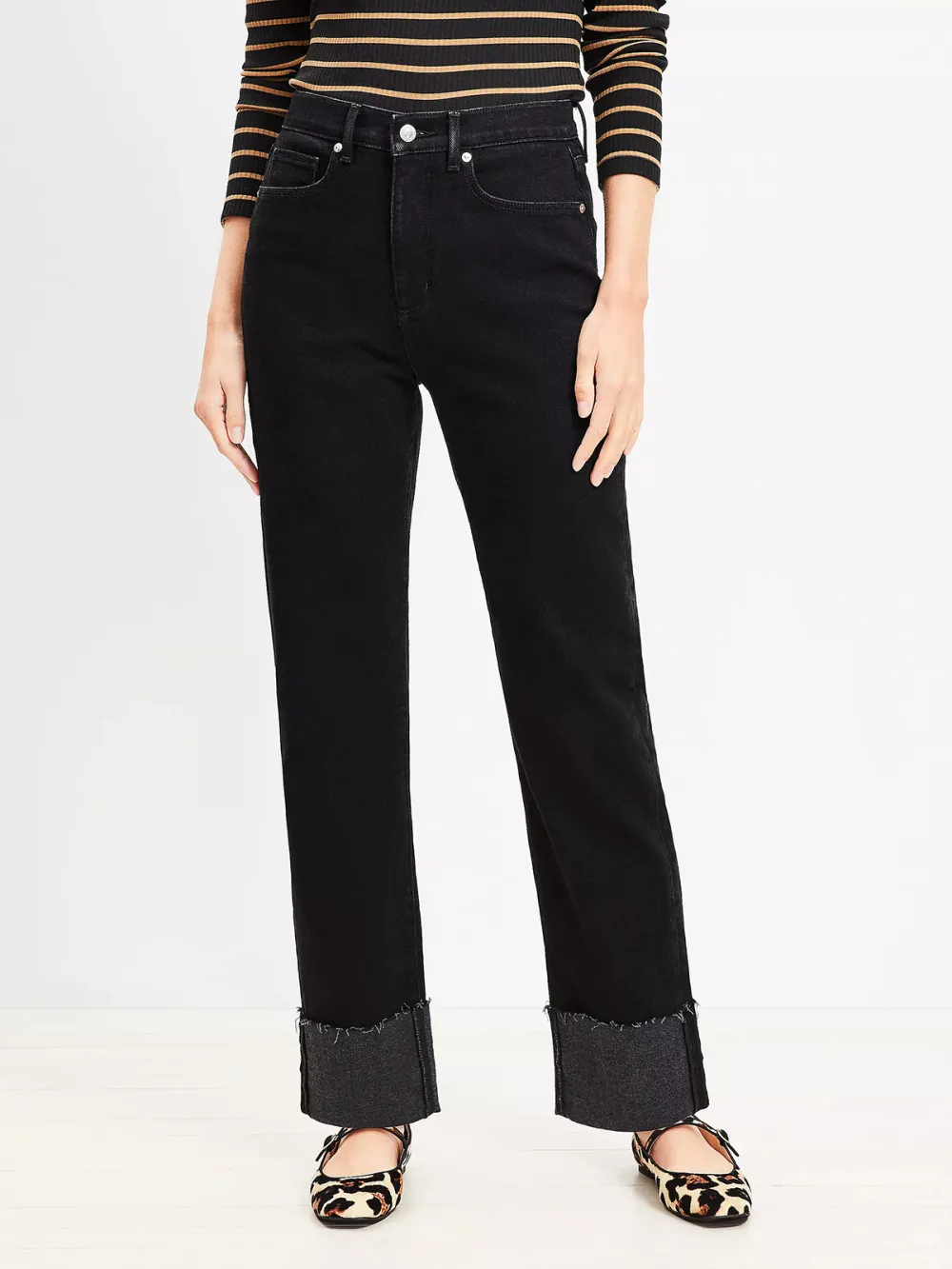 Flip Cuff High Rise Straight Jeans In Washed Black