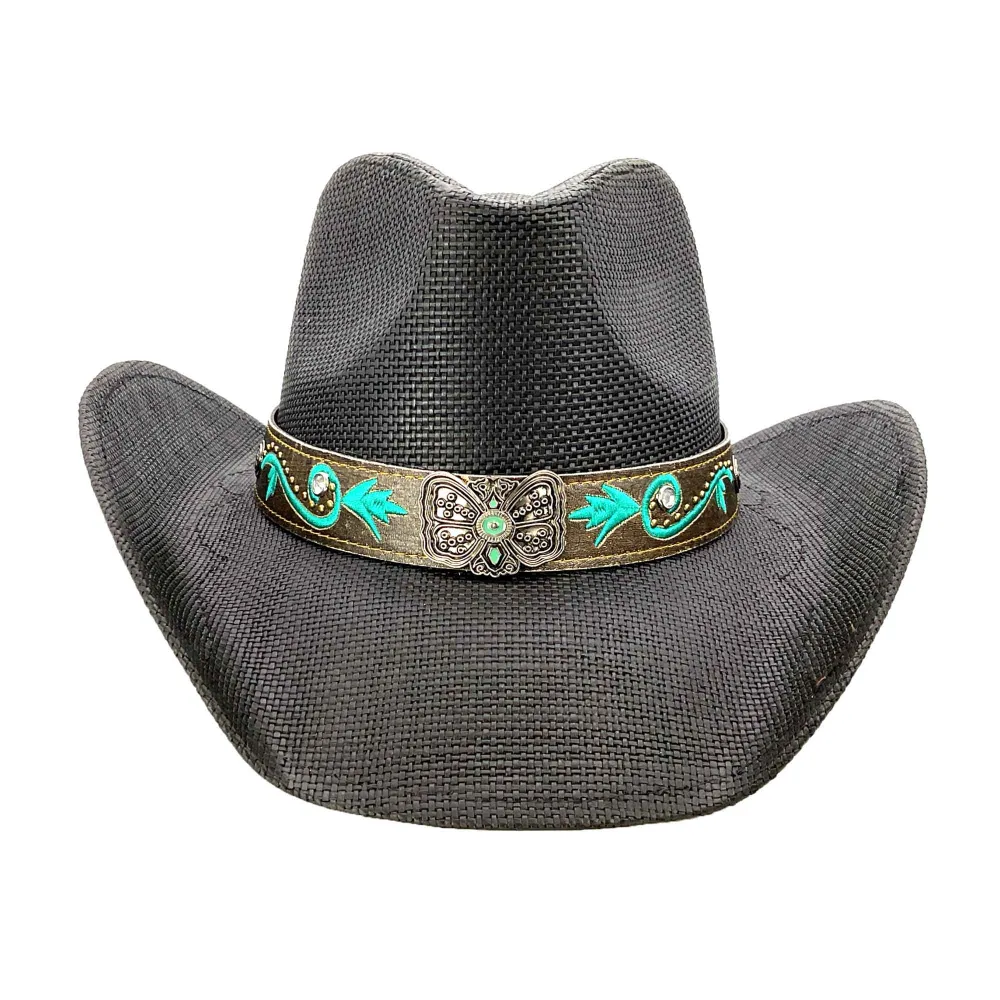 Straw Cowboy Hat with Turquoise Embroidered Band