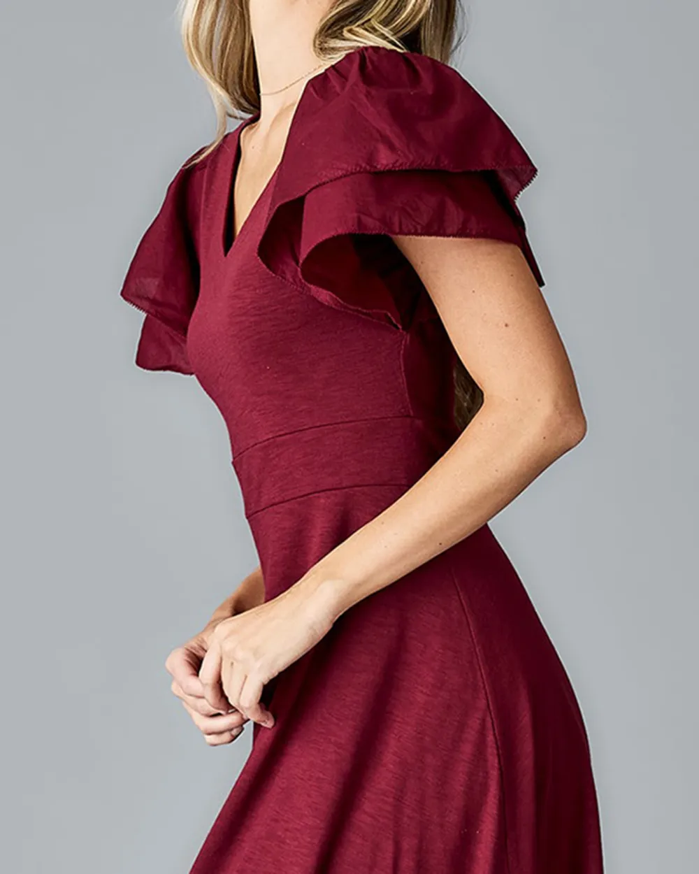 V Neck Flutter Sleeves Midi Dress