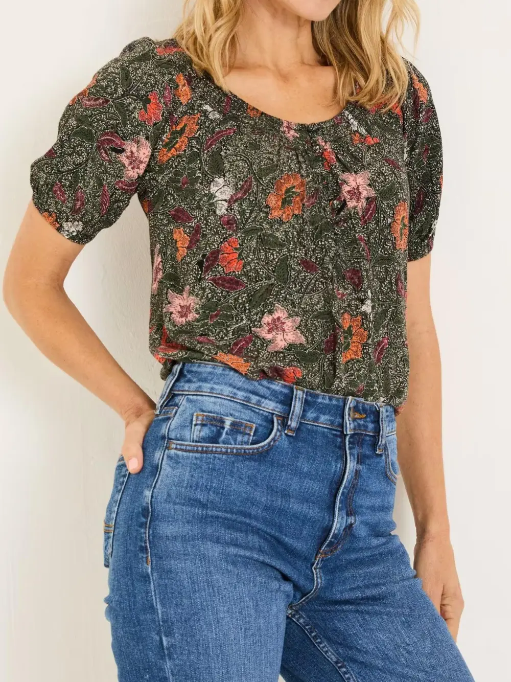 Black Floral V-Neck Bubble Hem Top