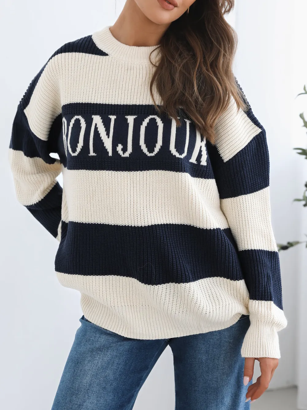 Navy Multi Casual Style Crew Neck Knit