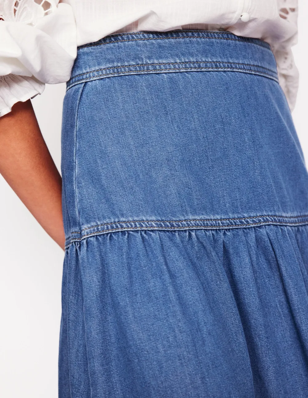 Blue Denim Tiered Midi Skirt