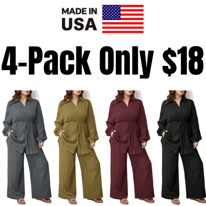 Women's Plus Size Plain Button-Up 2pc Set