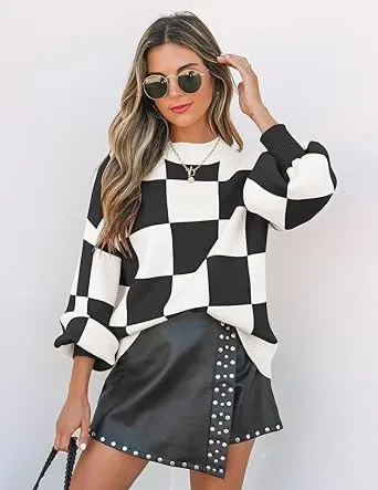 🎁Christmas Gifts🎁Fall Essential Warm Turtleneck Sweater - Plaid Ribbed Knit Loose Long Sleeve Pullover