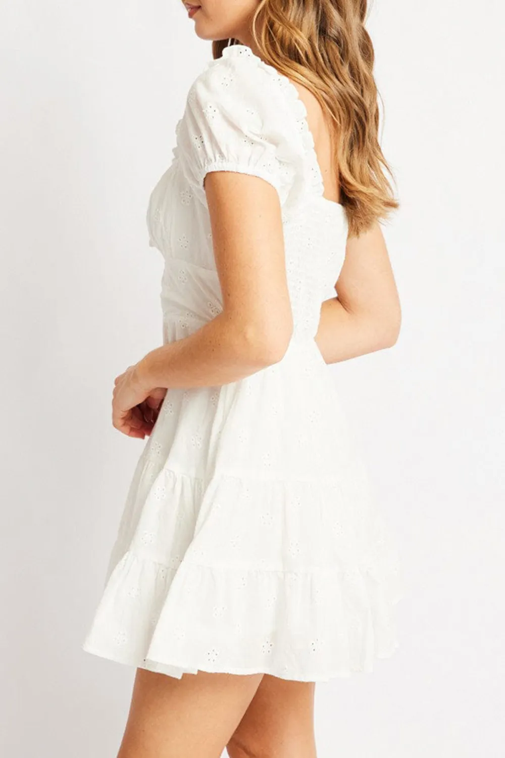 White Fit And Flare Dress Short Sleeve Eyelet Fabric