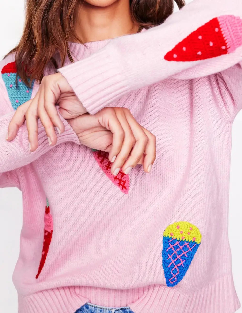 Pink Ice - Cream Embroidered Crew - Neck Sweater
