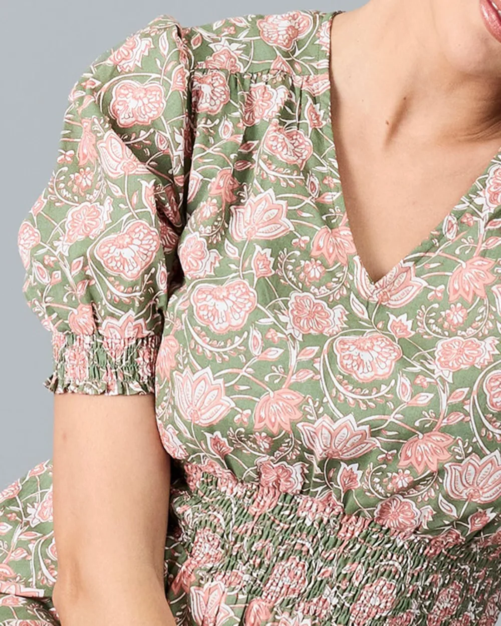 Green Pink Floral Print Midi Dress