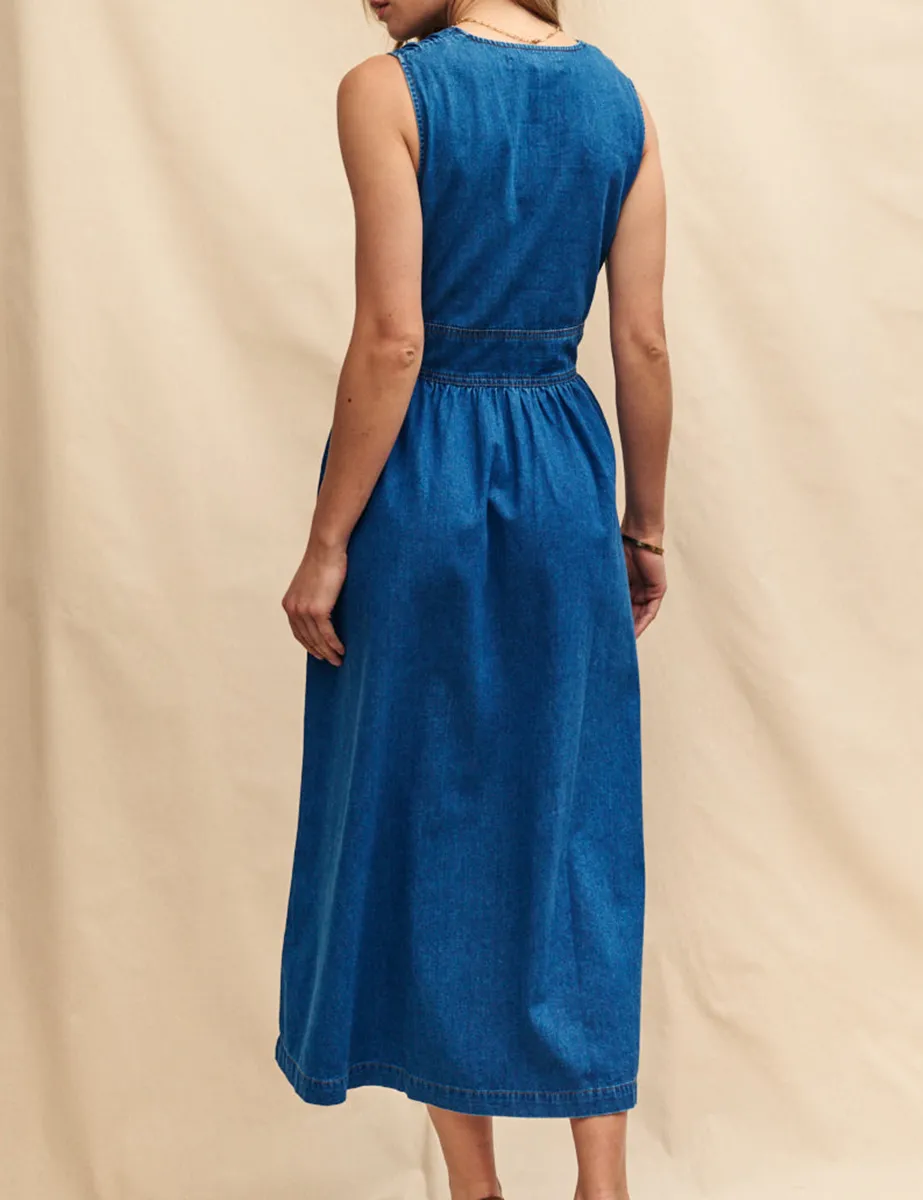 Blue Denim Ruched Waist Midi Dress