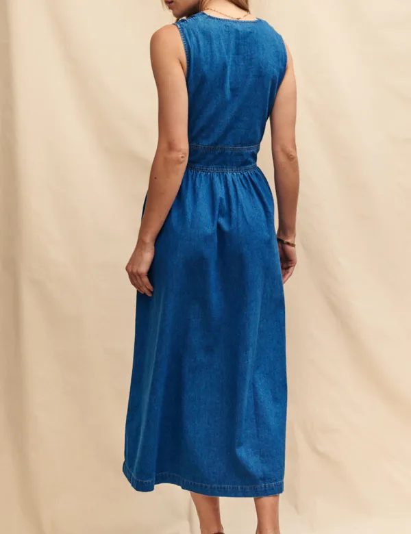 Blue Denim Ruched Waist Midi Dress