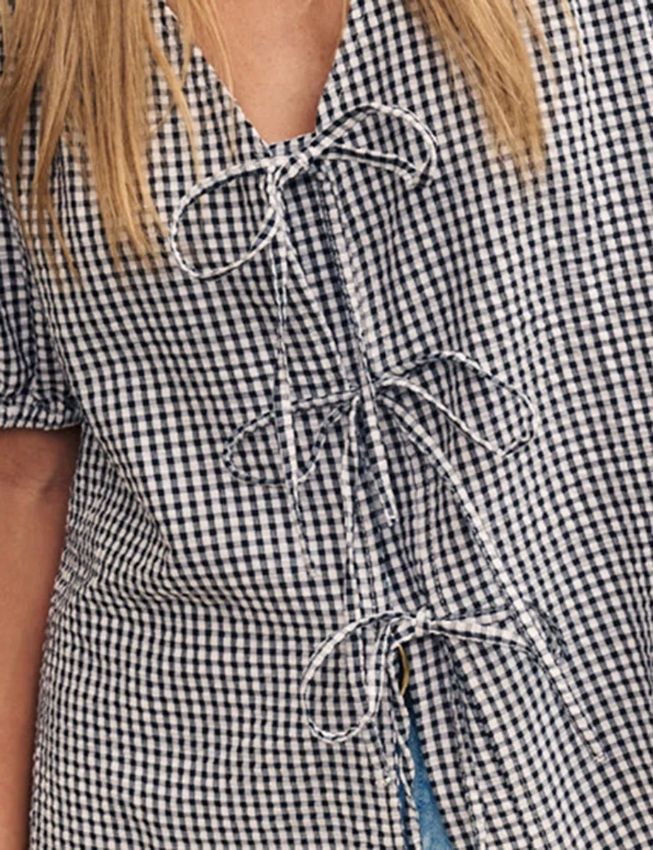 Black Gingham Tie Front Blouse