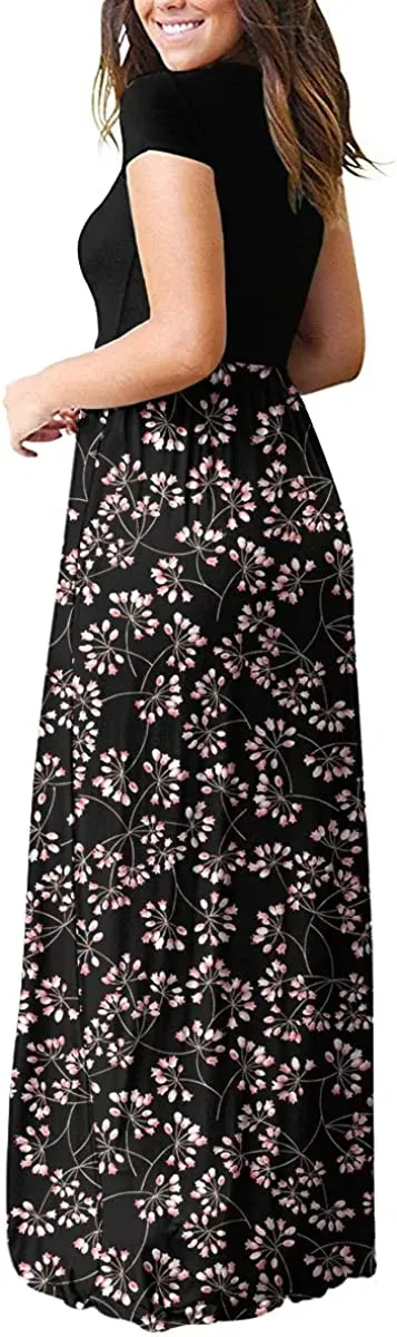 Women's Short Sleeve Loose Plain Maxi Dresses Casual Long Dresses with Pockets