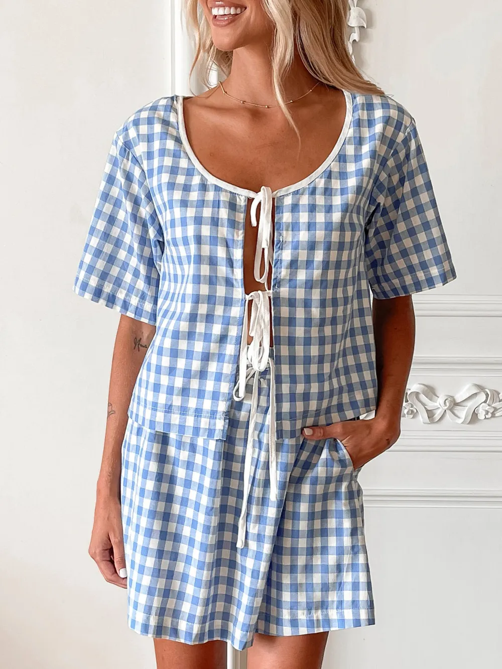 Blue Short Sleeve Plaid Top