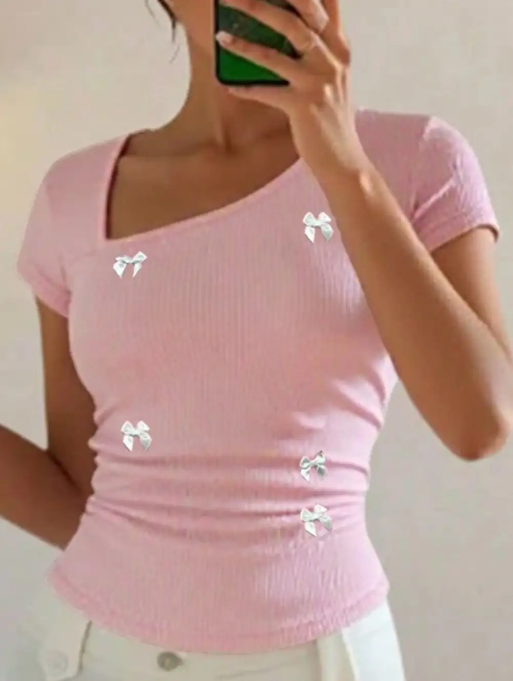 Bow One Shoulder Slim-Fit T-Shirt