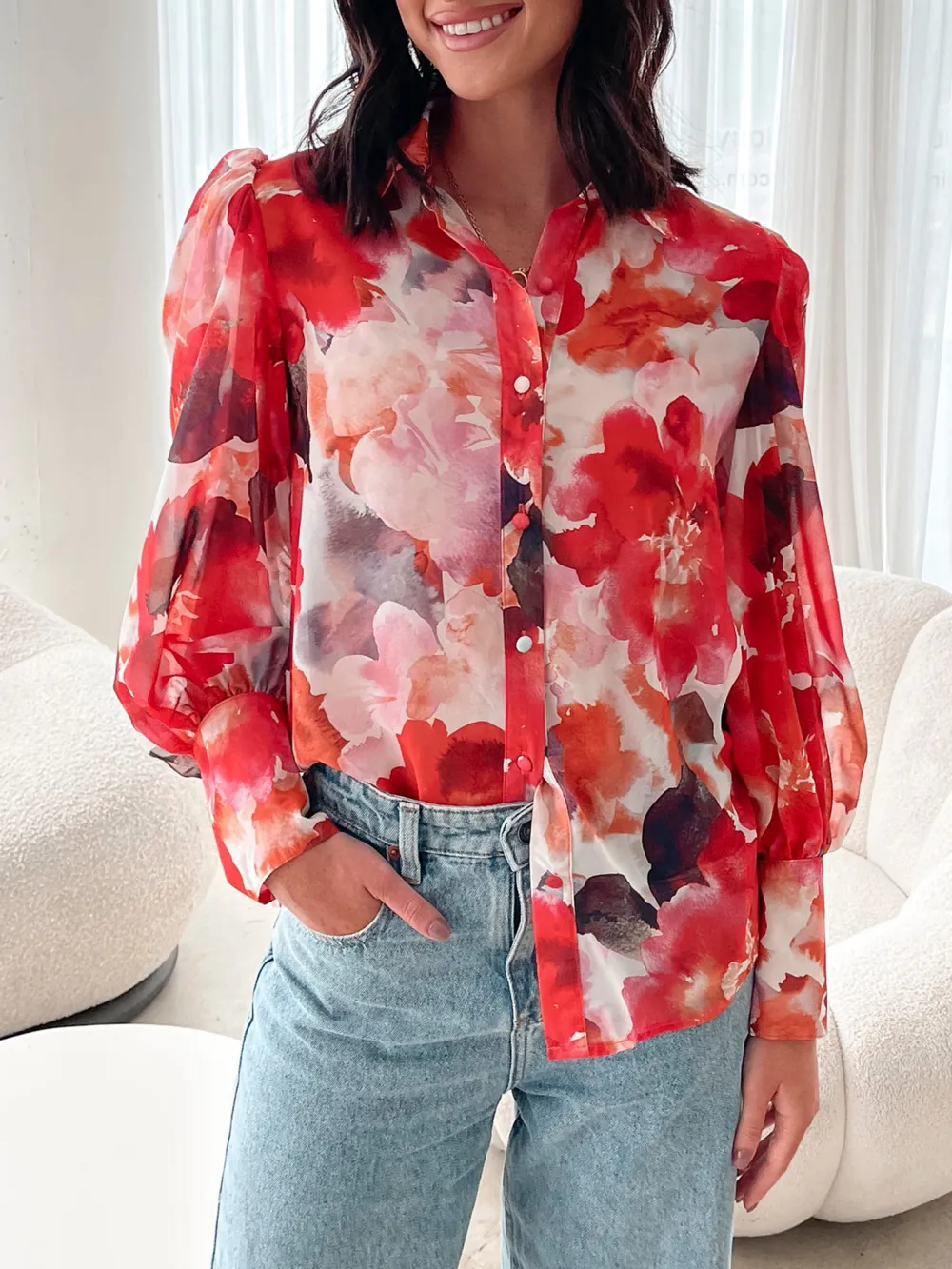 Casual Style Crimson Floral Fleet Blouse