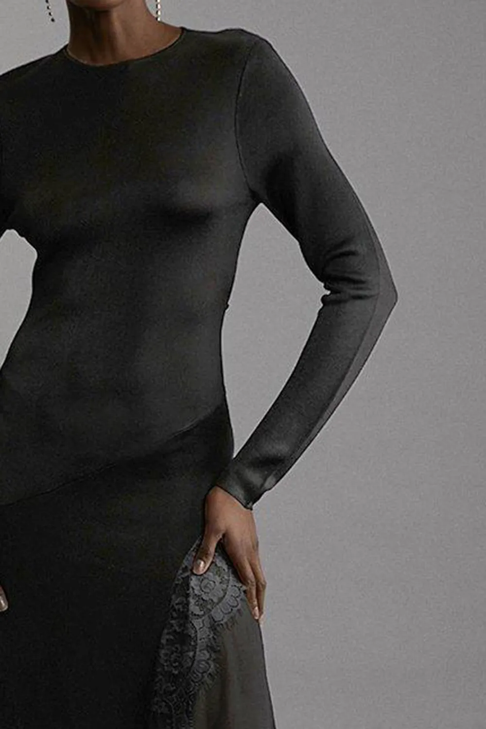 Viscose Blend Slinky Sheer Lace Detail Asymmetric Knit Midaxi Dress