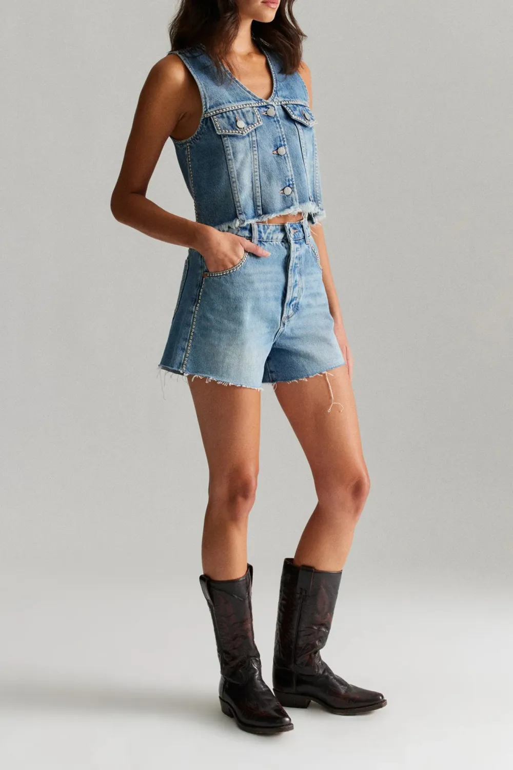 Blue Fashionable Frayed Denim Studs Tank Tops