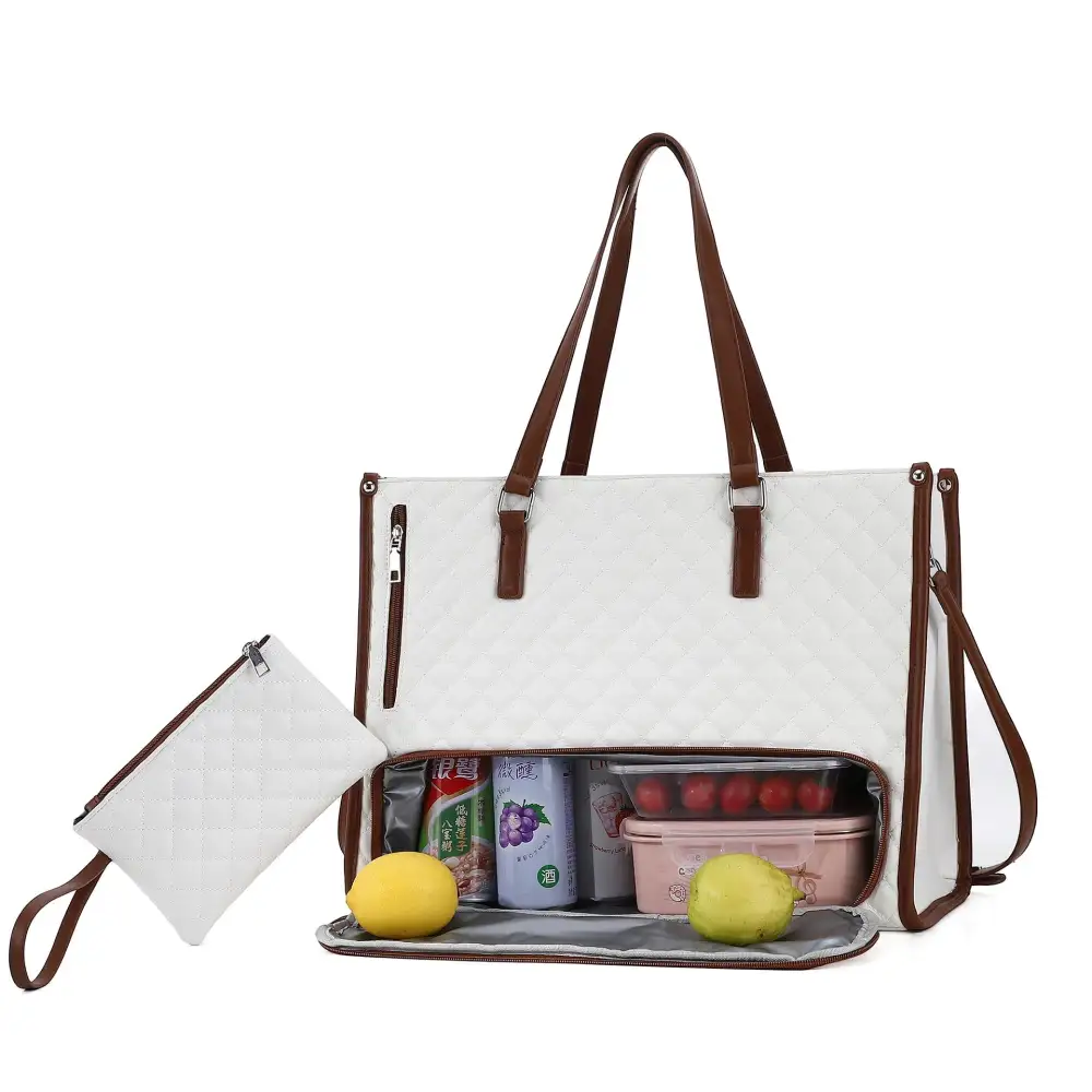 Roomy Faux Leather Quilted Lunch Tote Bag