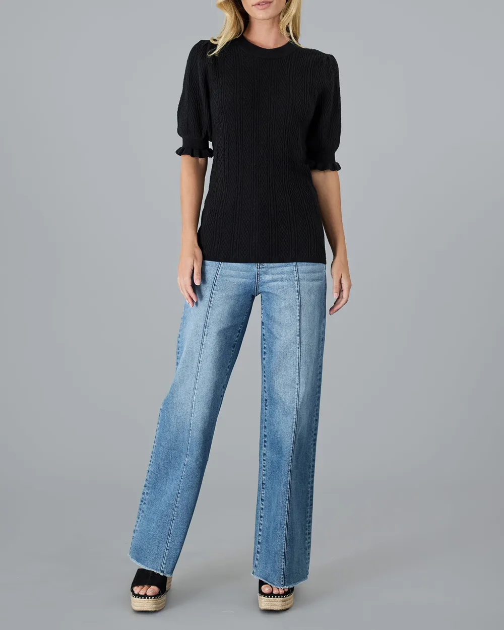 Black Textured Short Sleeve Sweater