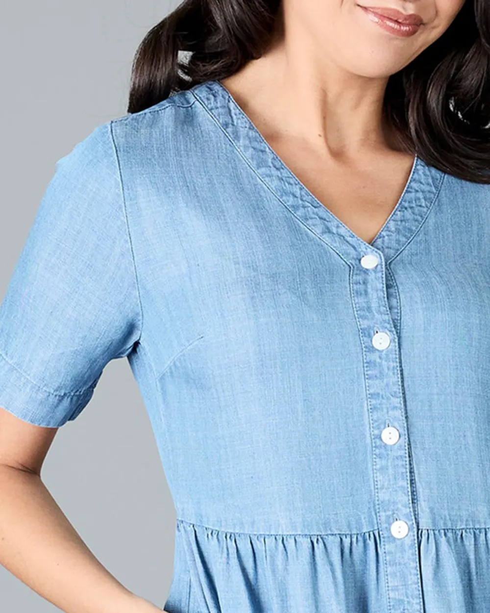 Medium Blue Wash Button Down Ruffled Dress