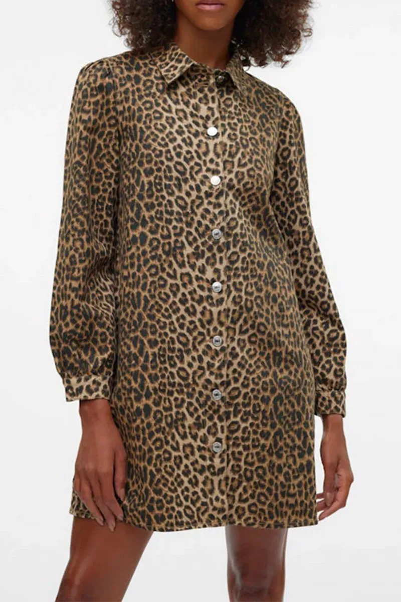 Leopard Print Shirt Collar Button Down Dresses