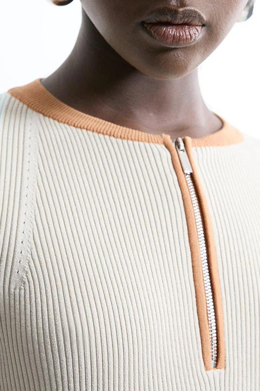 Casual Style Knit Half Zip Cuff Detail Top
