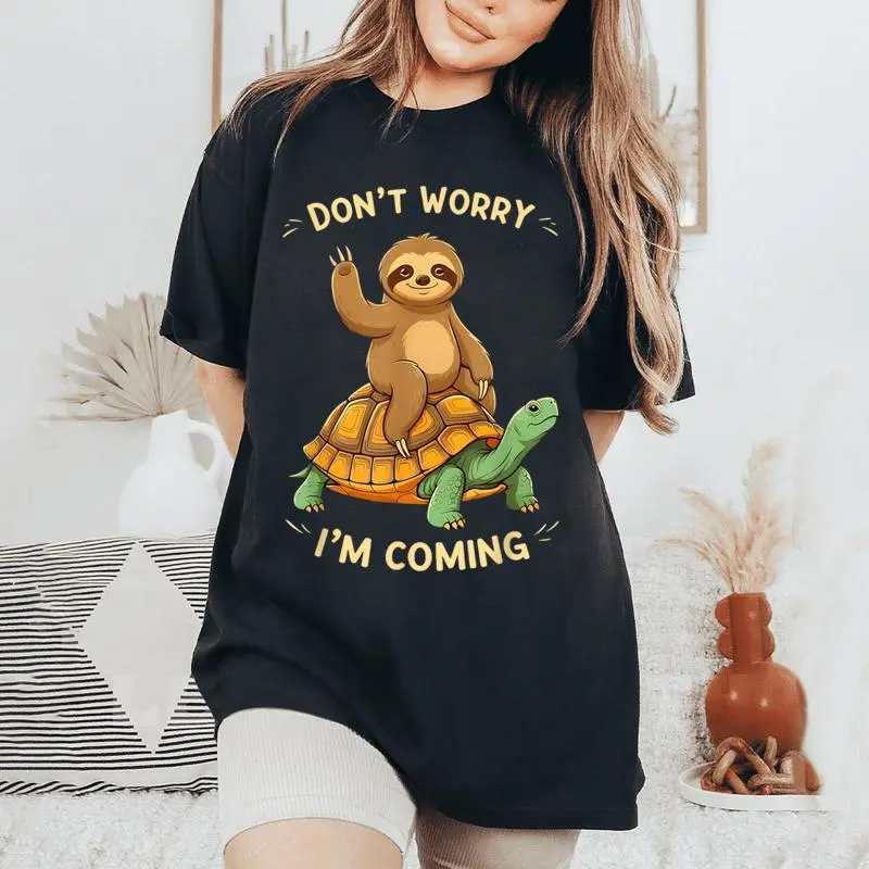 Sloth Riding Turtle Don't Worry I'm Coming Distressed Women's Oversized Comfort T-Shirt