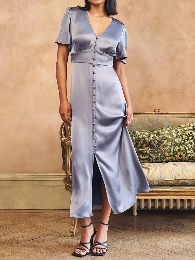 Blue Satin Button Front Maxi Dress