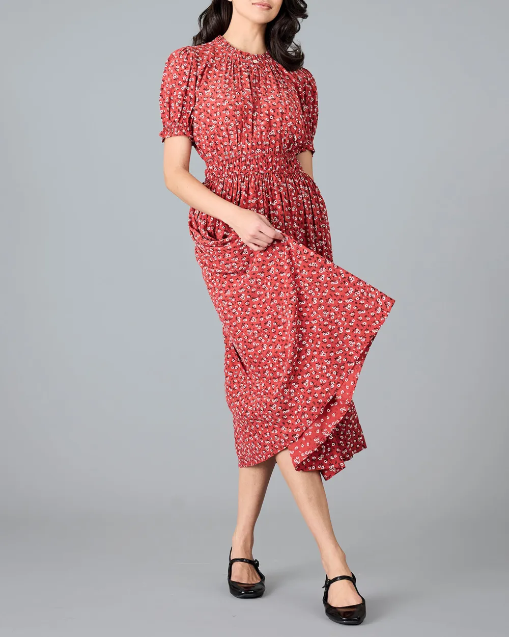 Red Mini Floral Print Midi Dress