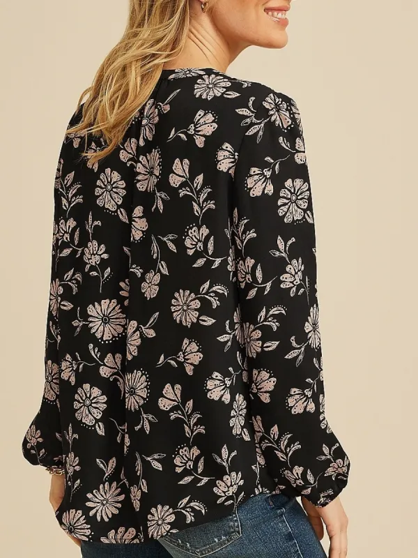 Flower Print Notched Blouse