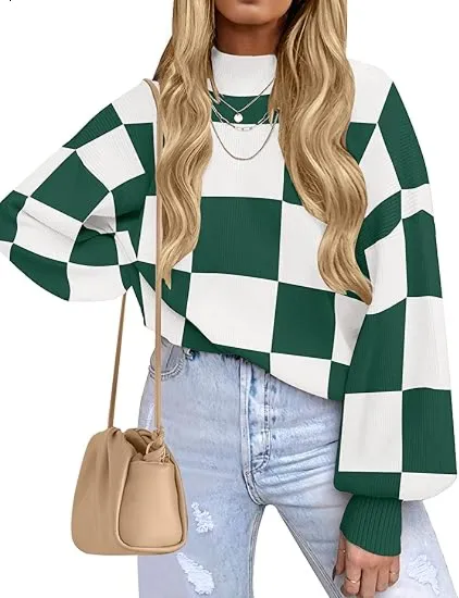 🎁Christmas Gifts🎁Fall Essential Warm Turtleneck Sweater - Plaid Ribbed Knit Loose Long Sleeve Pullover