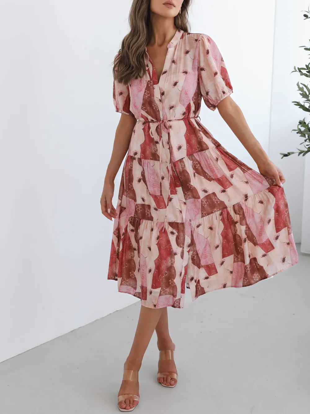 Multi Print Short Puff Sleeves Dress