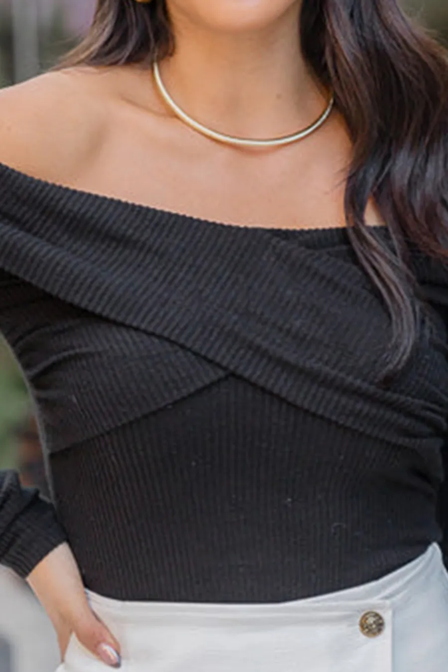 Black Ribbed Knit Off The Shoulder Bodysuit