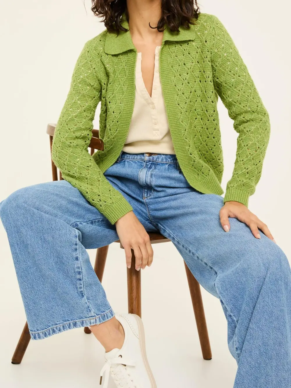 Green Pointelle Knitted Cardigan