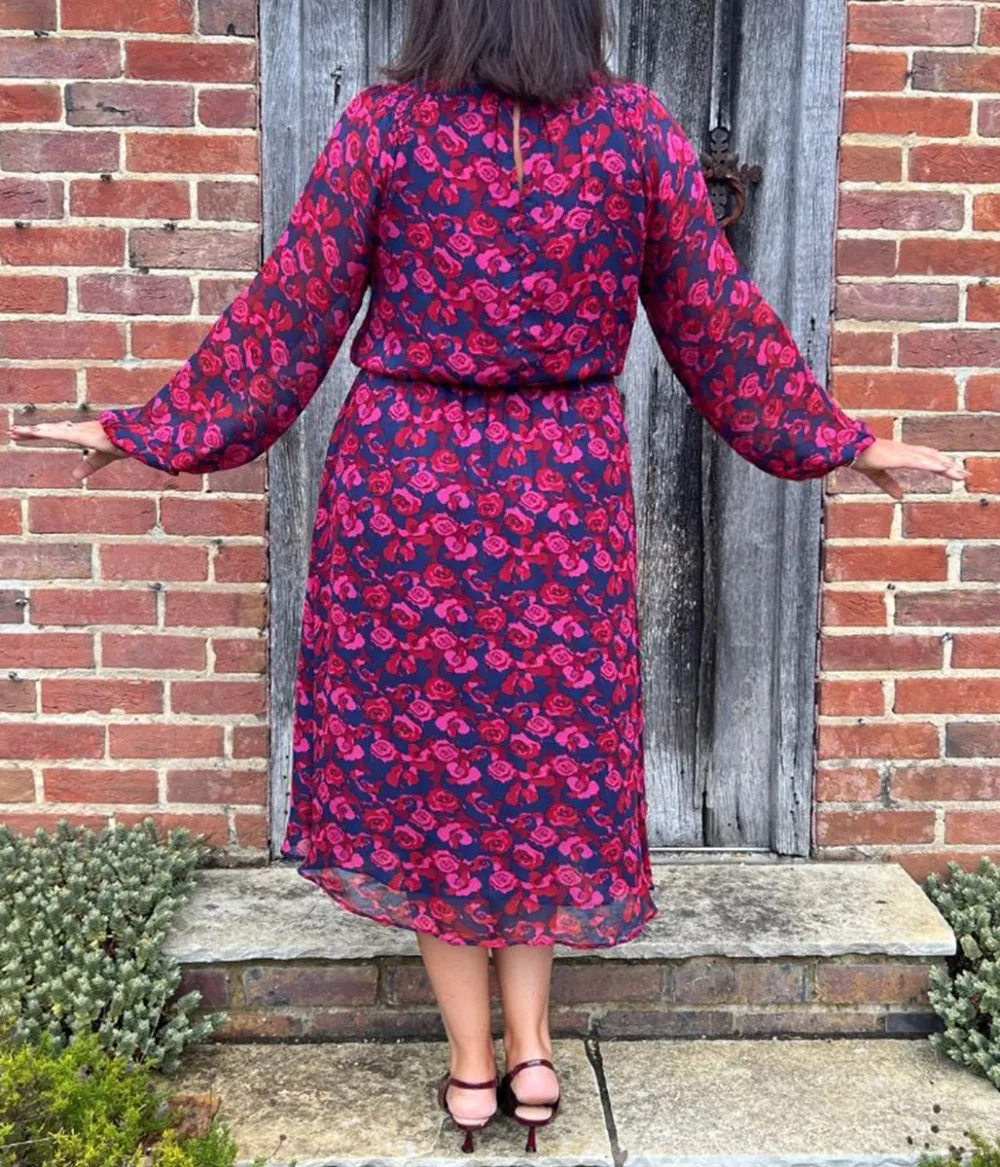 Pink Rose Print Midi Dress