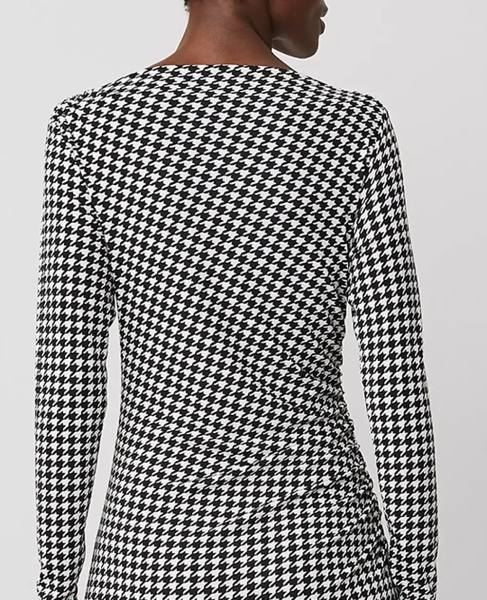 Houndstooth Gathered Waist Column Sheath Dress