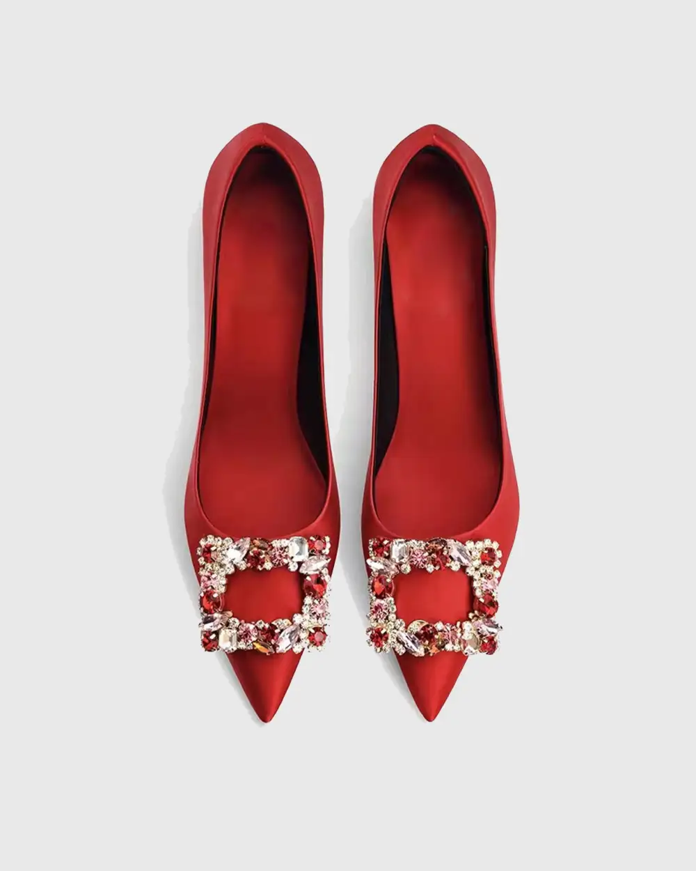 Rhinestone Buckle Satin Pumps in Red
