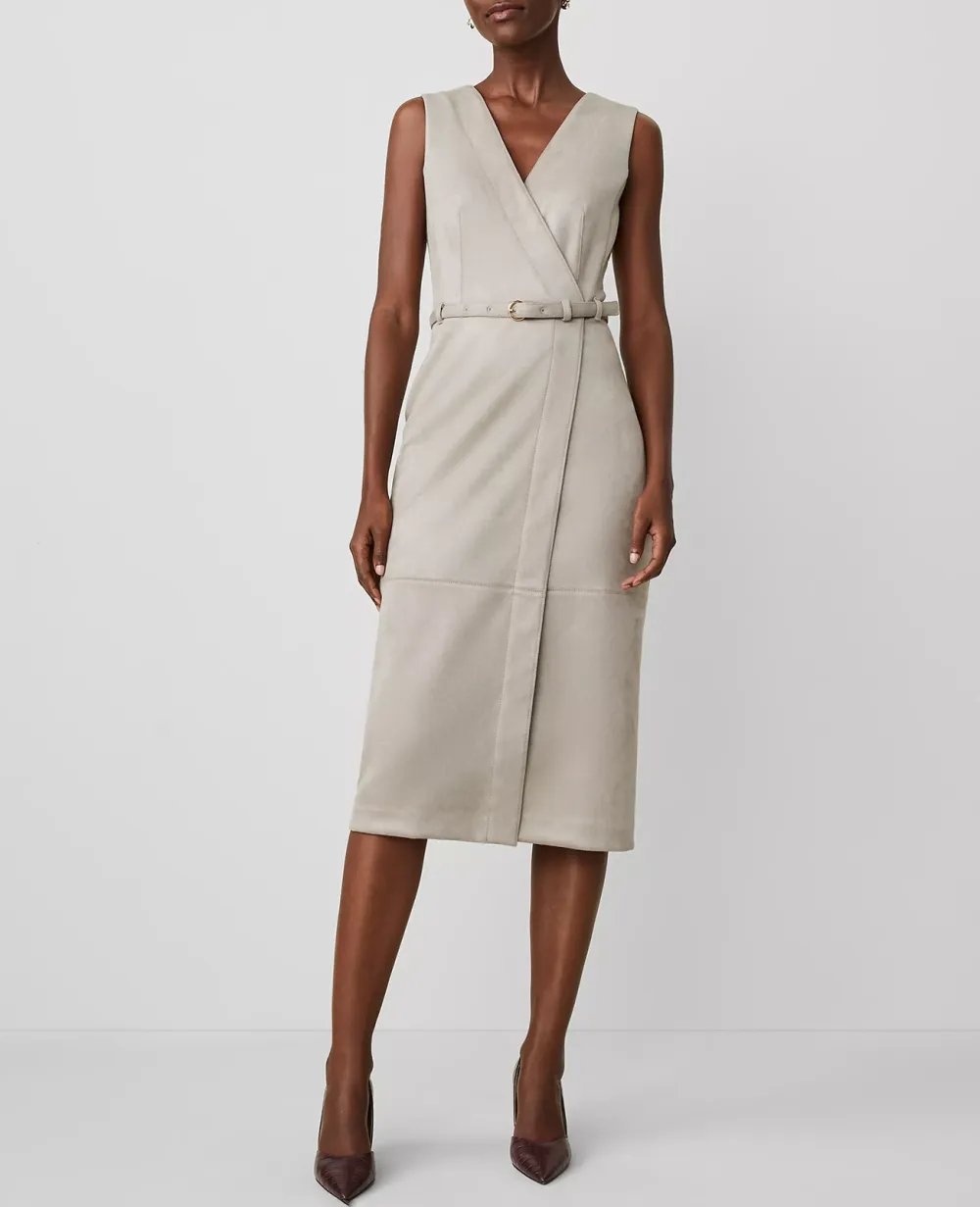 Faux Suede Belted Wrap Sheath Dress